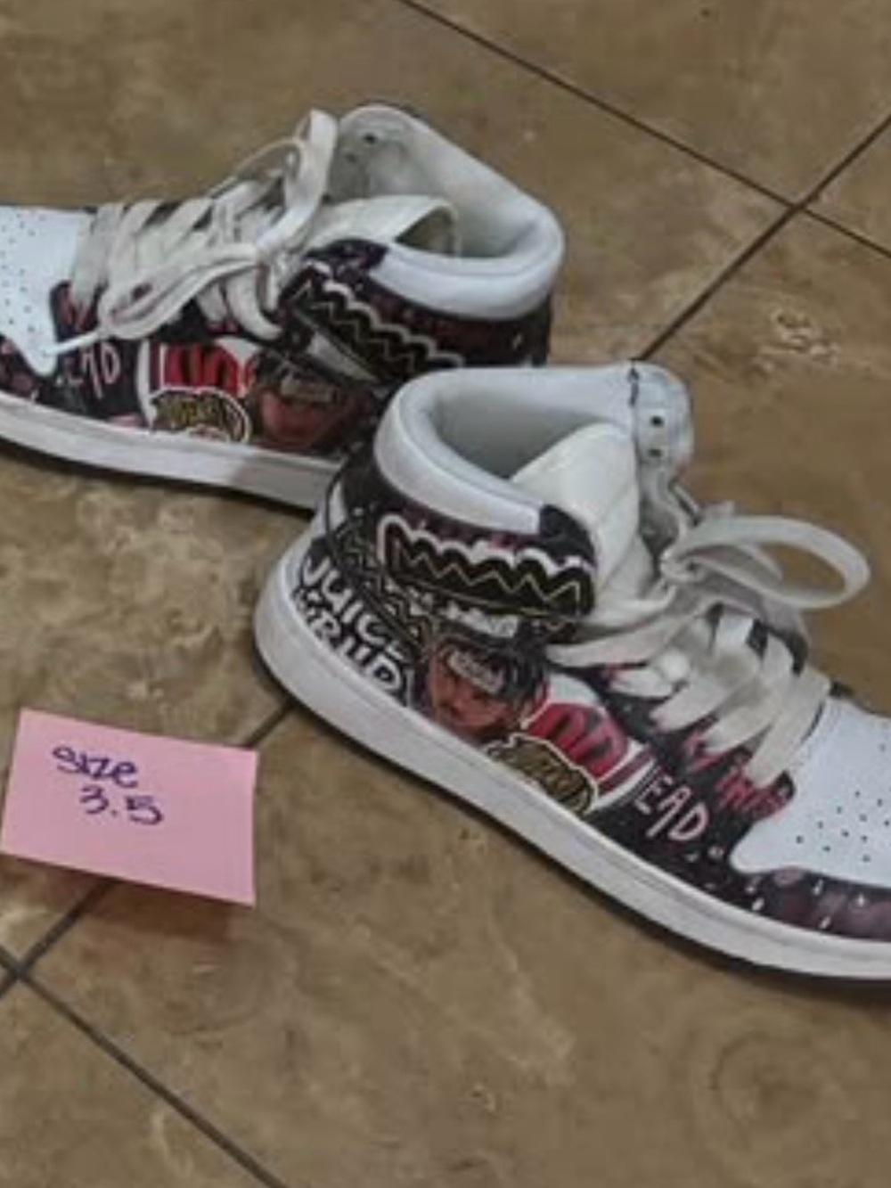Kids Juice Wrld White High-Top Sneakers with Black and Pink Graphic Accents